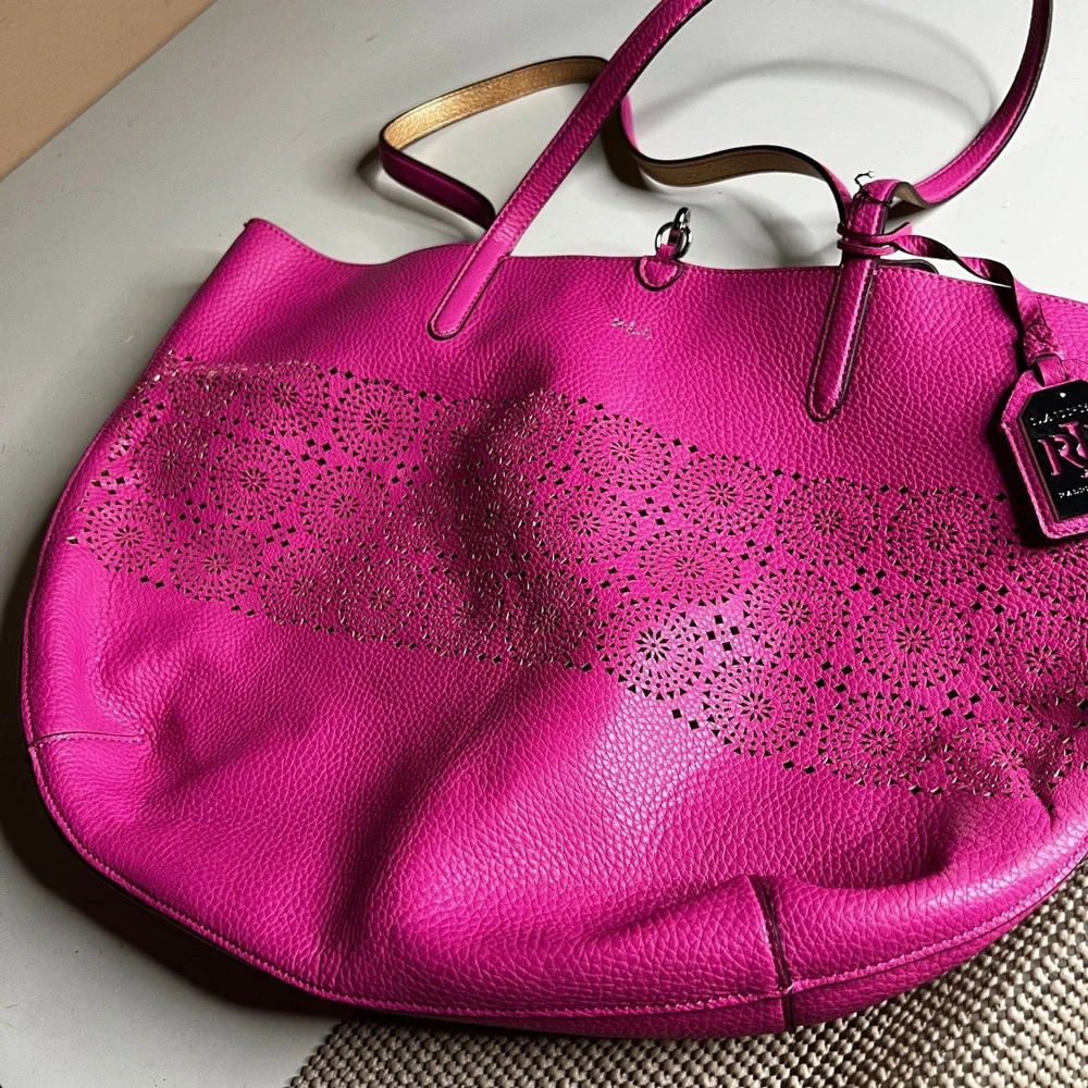 Lauren Ralph Lauren Pink Laser Cut Leather Tote Bag with Gold Interior & Pouch